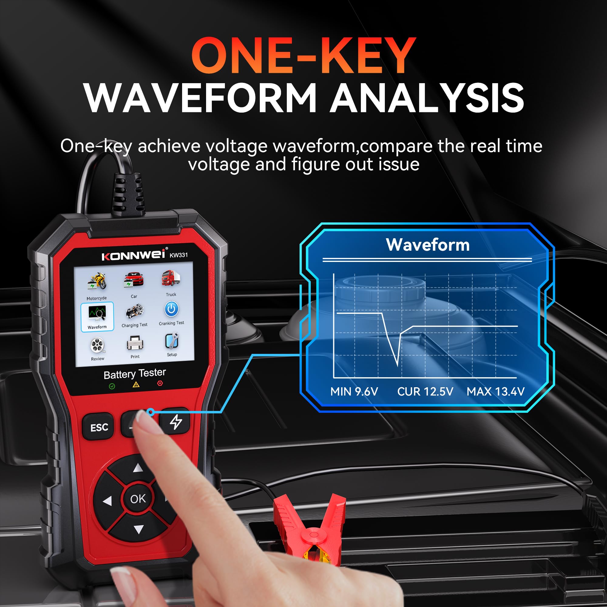 KONNWEI KW331 attached to a car battery demonstrating in-use testing
