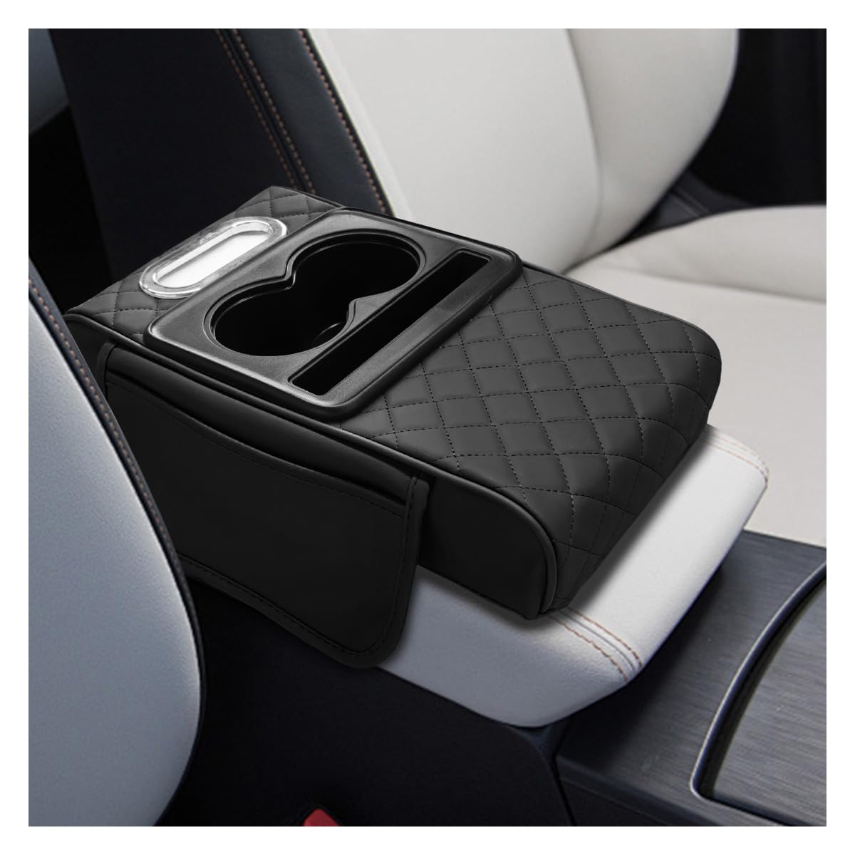 KPFILEH front view of black armrest cover showing organized storage benefit