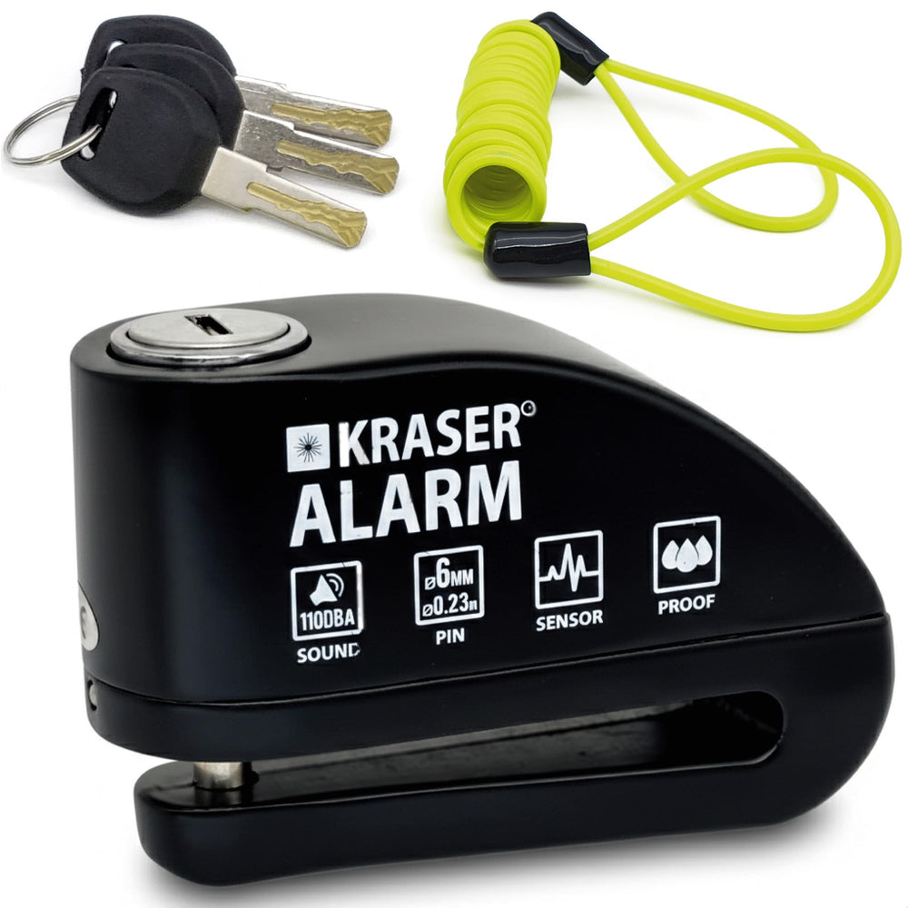 KRASER disc lock front view showing alarm and benefits of visible deterrence
