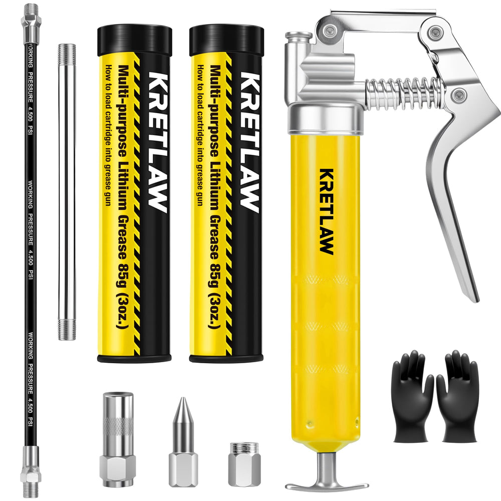 KRETLAW mini grease gun front view showing compact durable design benefit