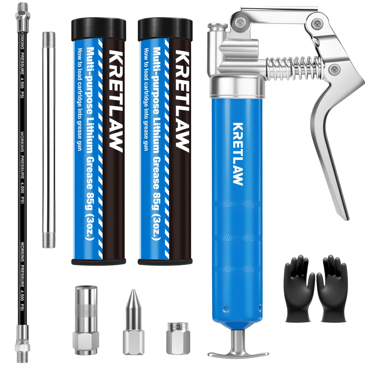 KRETLAW front view of mini grease gun showing compact pistol grip and durable build benefits