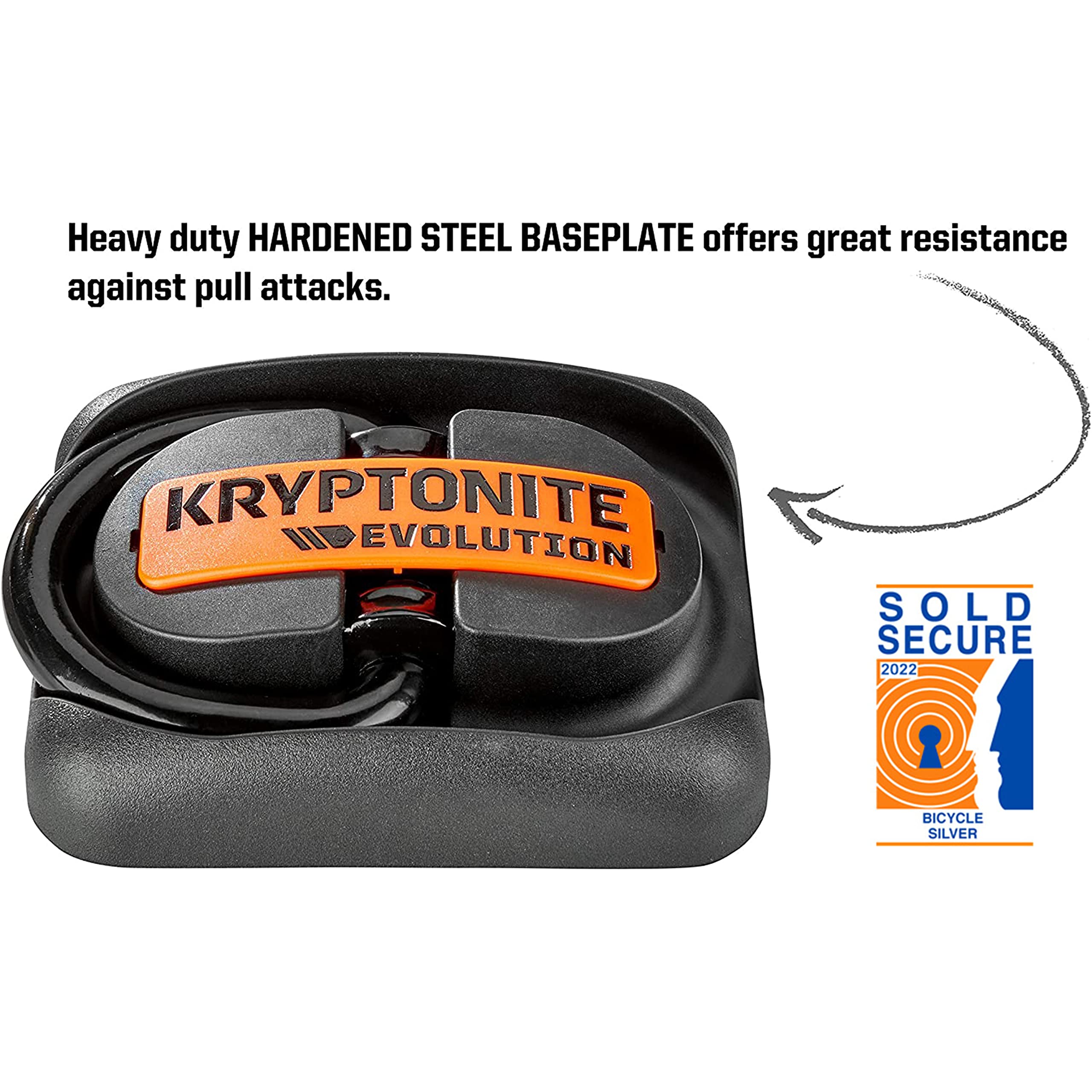 Kryptonite close-up of 16mm hardened shackle demonstrating cut resistance