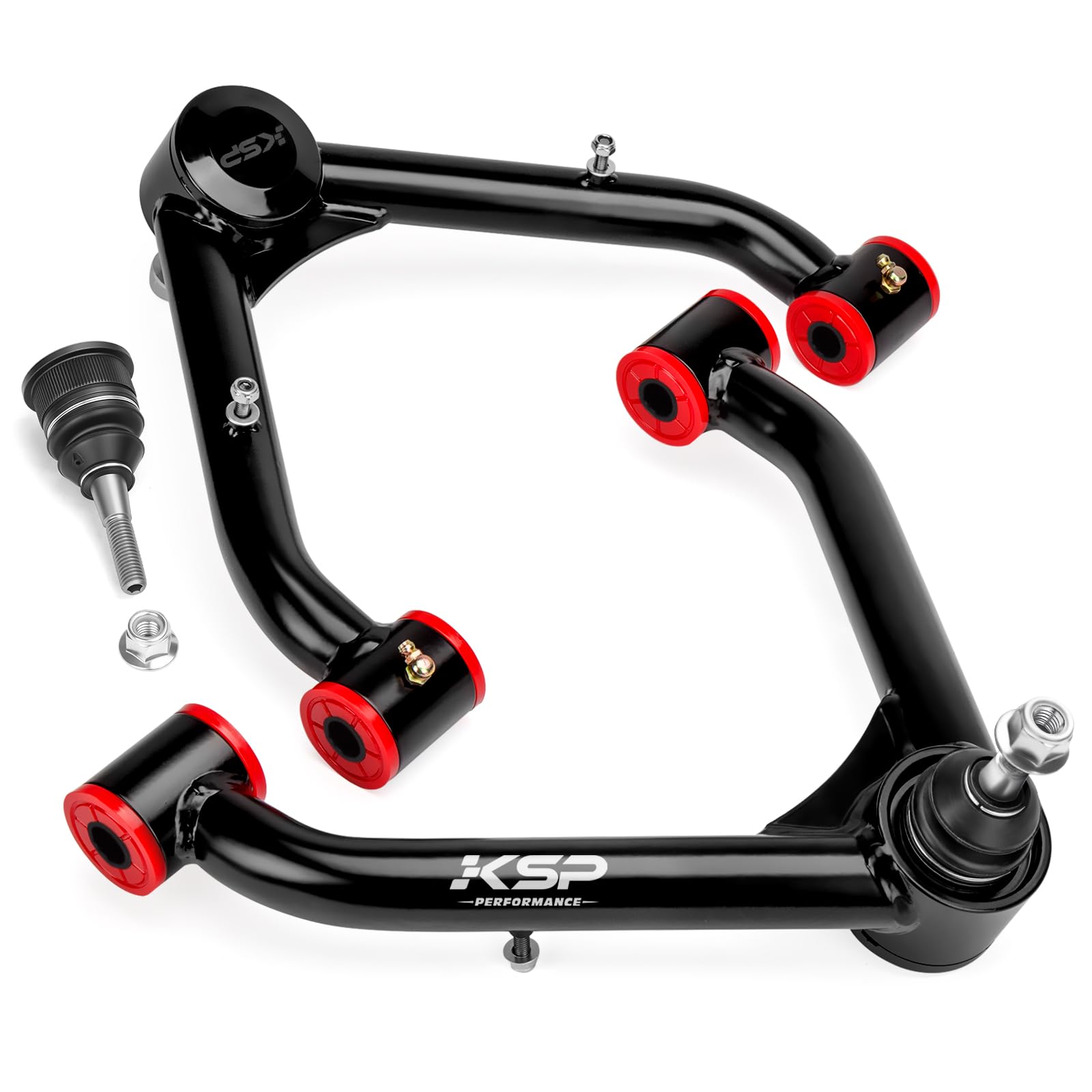KSP PERFORMANCE front upper control arms packaged, showing complete replacement pair and benefit of correct fit