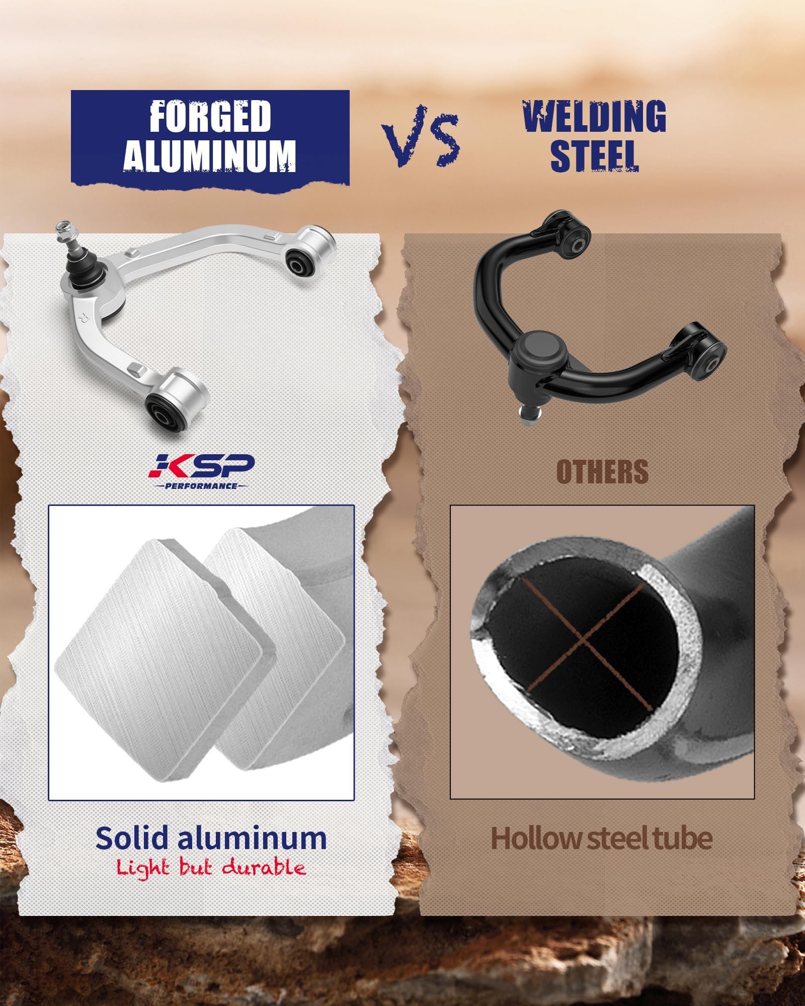 KSP PERFORMANCE forged one-piece arm highlighting corrosion resistance and strength benefit