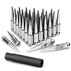 KSP PERFORMANCE front view of 32 chrome spike lug nuts showing complete kit benefits