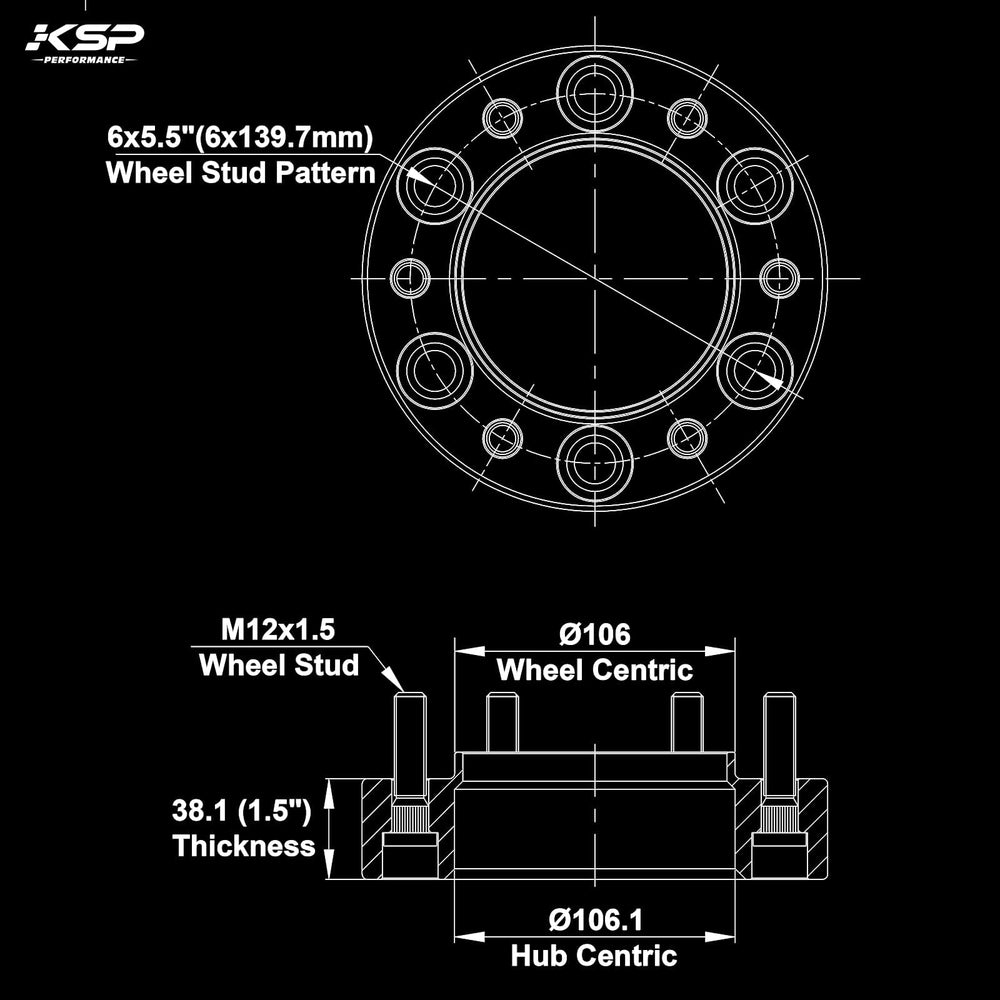 KSP PERFORMANCE side profile of spacer displaying 38mm thickness for wider stance