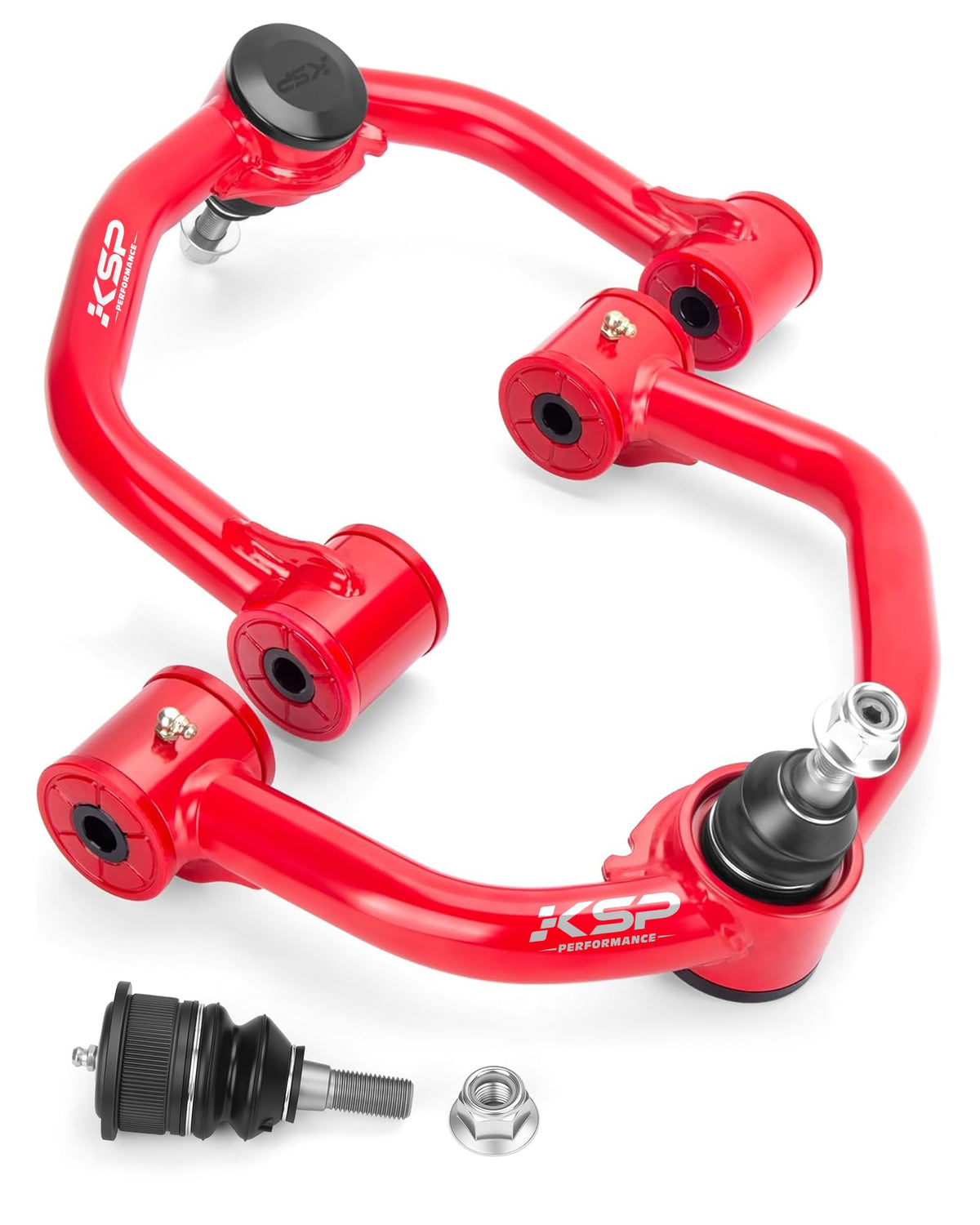 KSP PERFORMANCE upper control arm front view showing red powder coat and robust build benefits