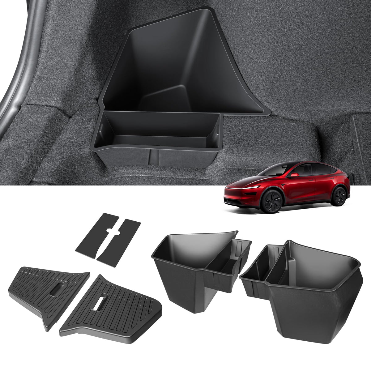 KUNIST front view of rear trunk bins shows custom fit and organized cargo