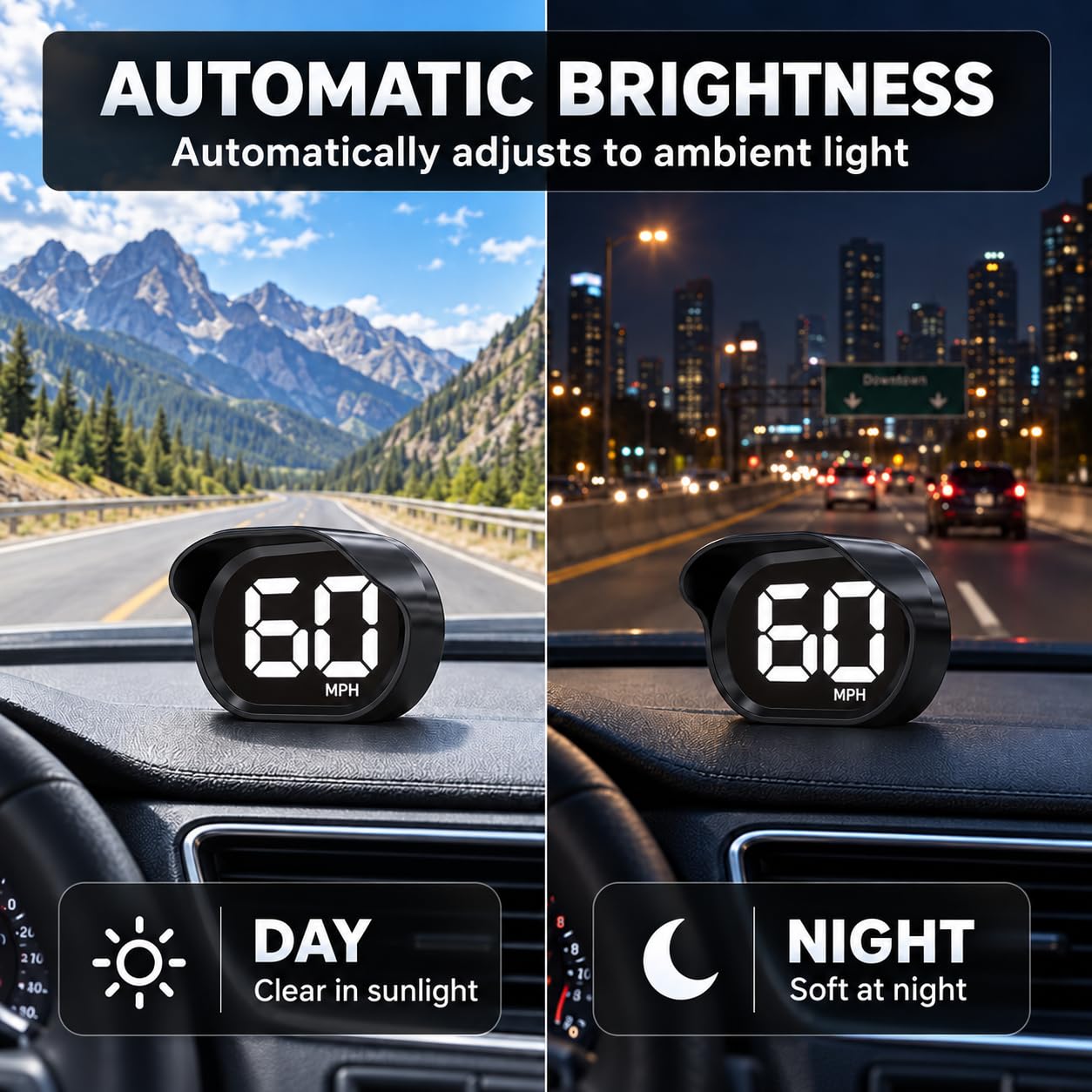 KUOWEIHUD night view with auto-brightness for clear low-light visibility