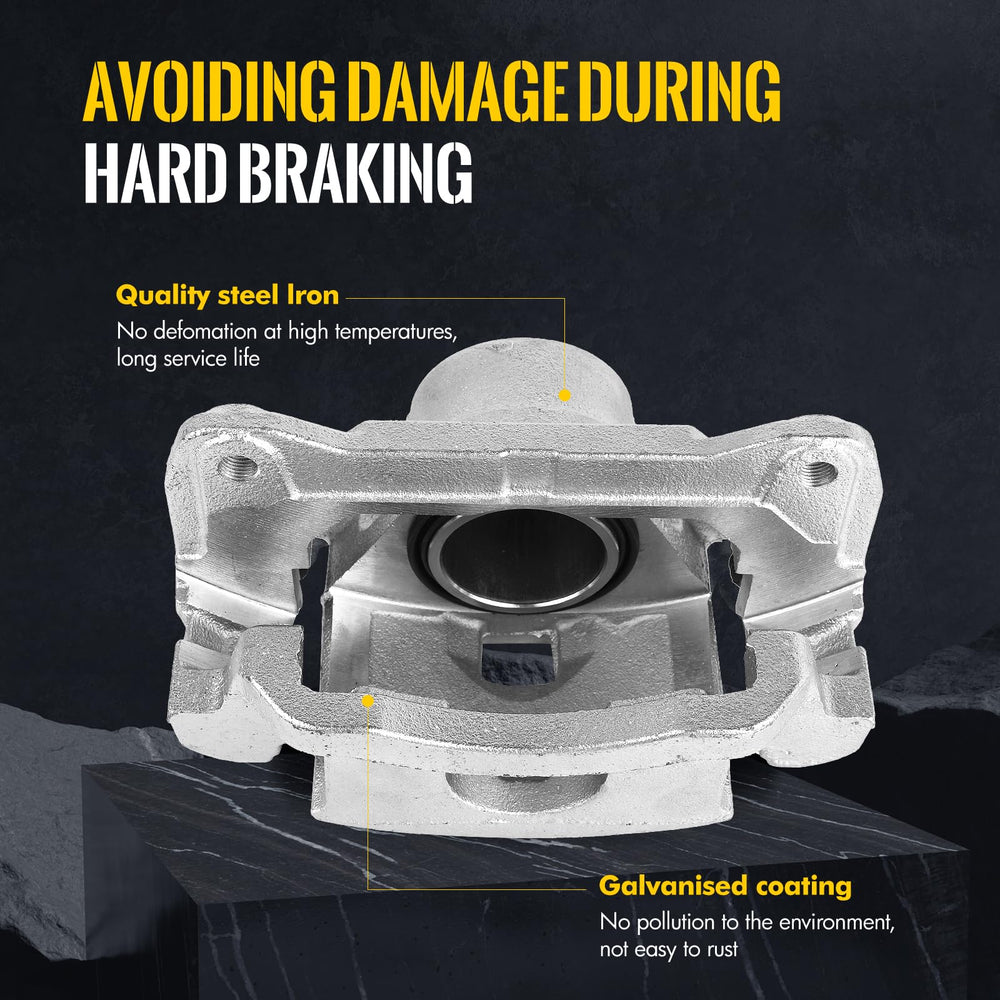 KUSATEC caliper bracket detail highlighting bolt holes and durable construction benefits