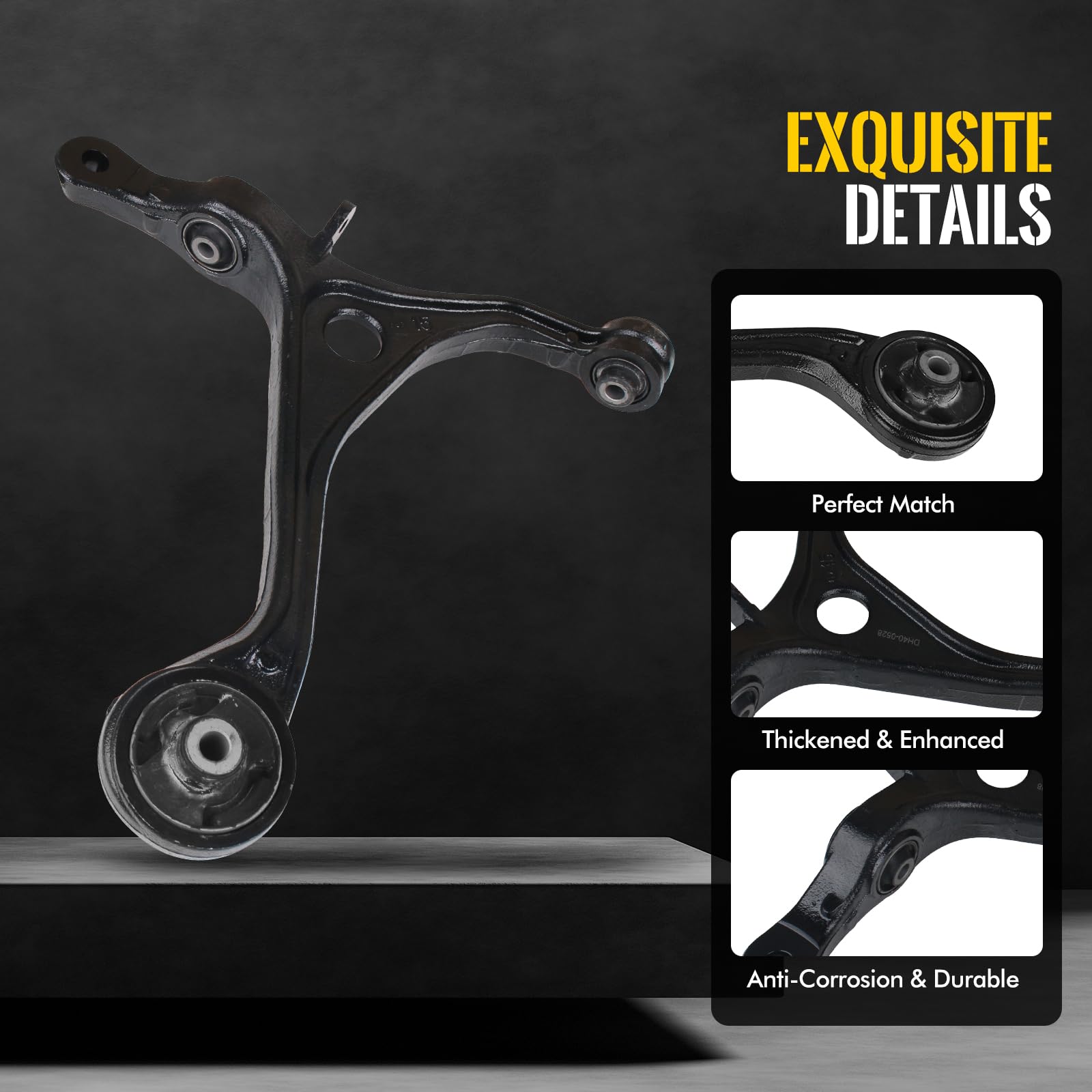 KUSATEC driver side lower control arm close-up showing forged strength and mounting points