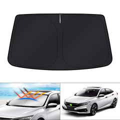 KUST front view of windshield sun shade packaging showing fit for Honda Civic and quick install