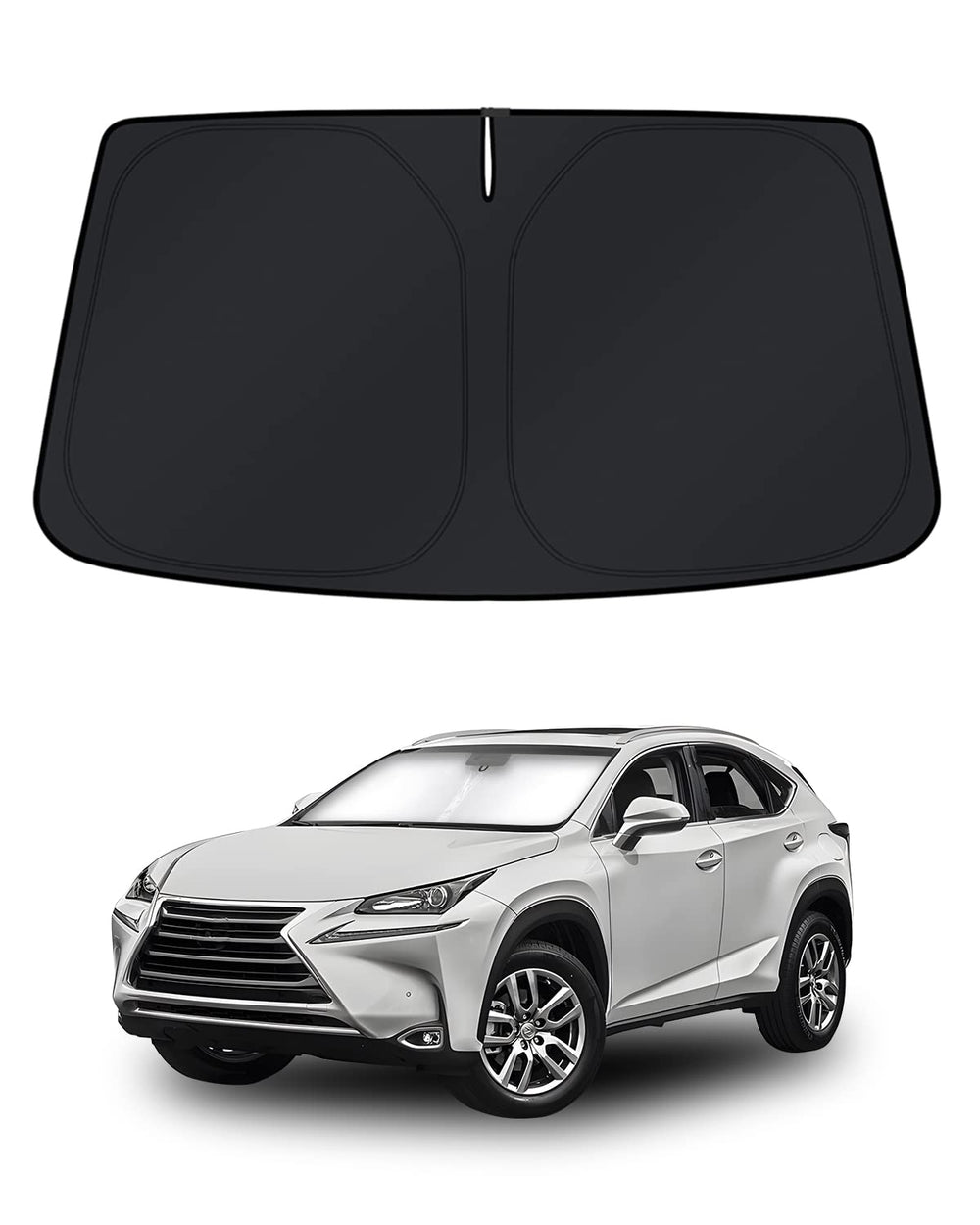KUST front packaging showing custom-fit sunshade protects Lexus RX windshield