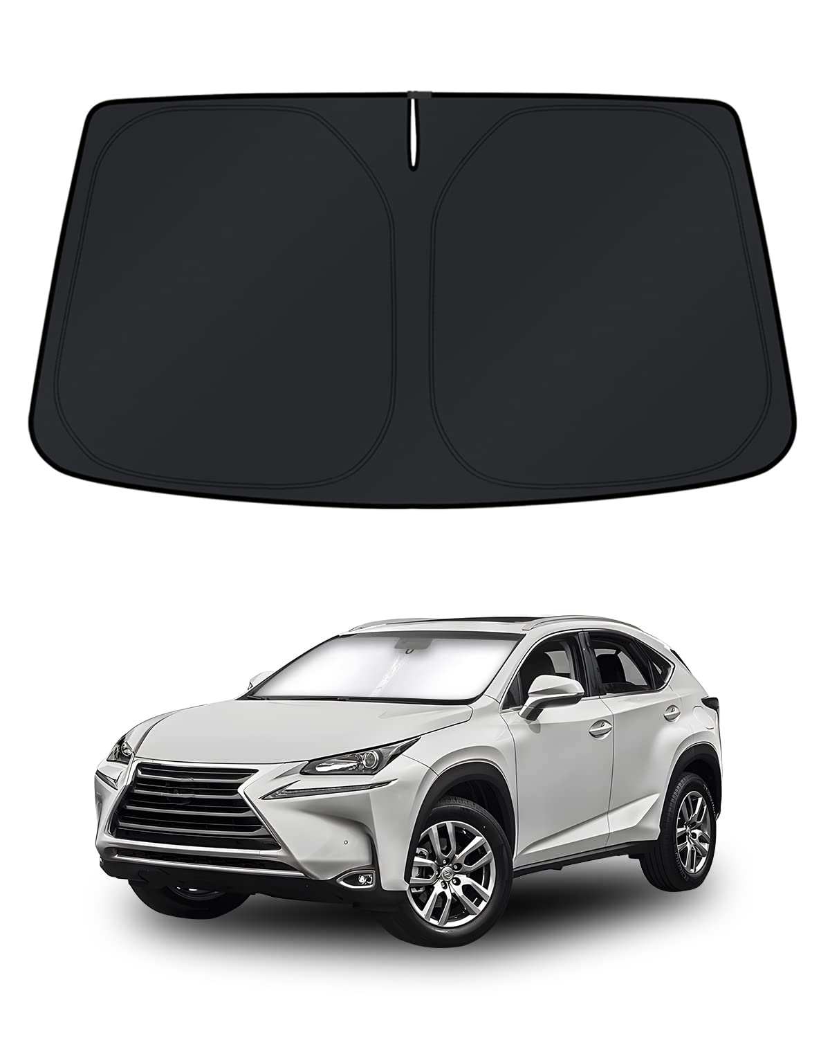 KUST front packaging showing custom-fit sunshade protects Lexus RX windshield