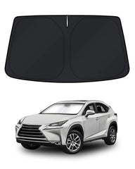 KUST front packaging showing custom-fit sunshade protects Lexus RX windshield