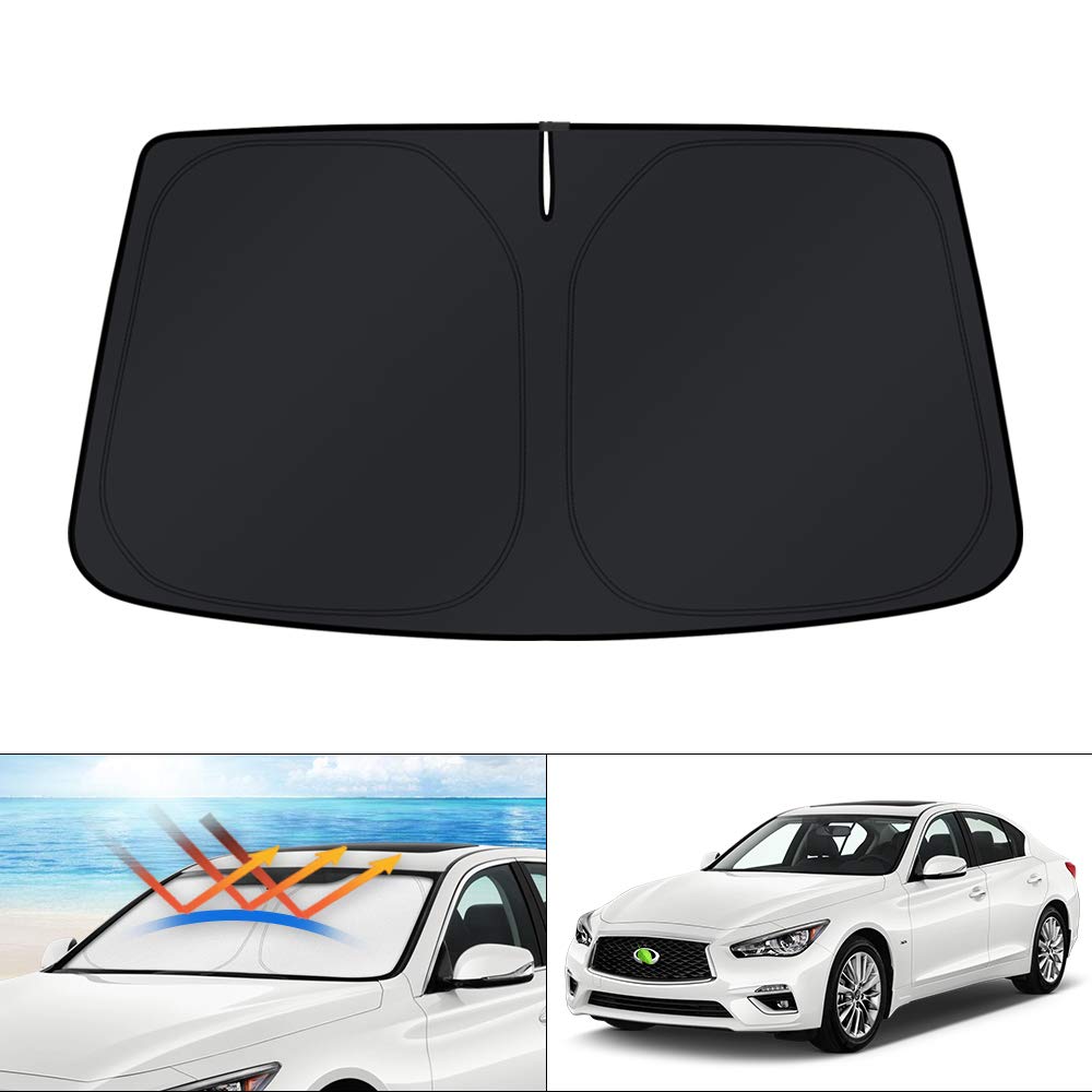KUST sun shade front view showing perfect fit on Infiniti Q50 windshield and full coverage