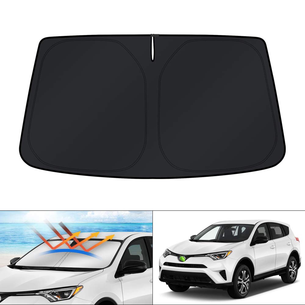 KUST front packaging showing custom-fit RAV4 shade protecting windshield