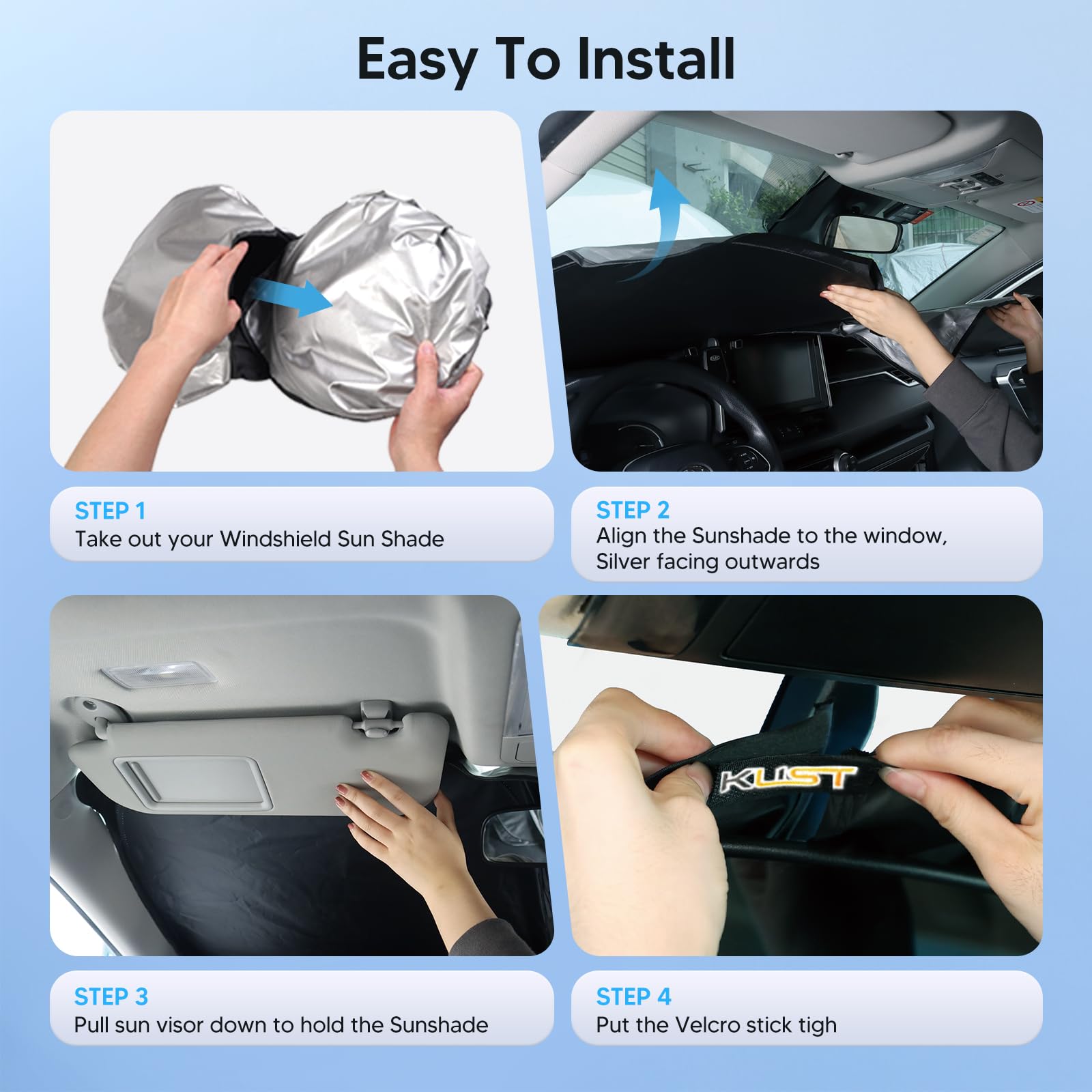 KUST sun shade next to steering wheel showing custom fit for Audi A3