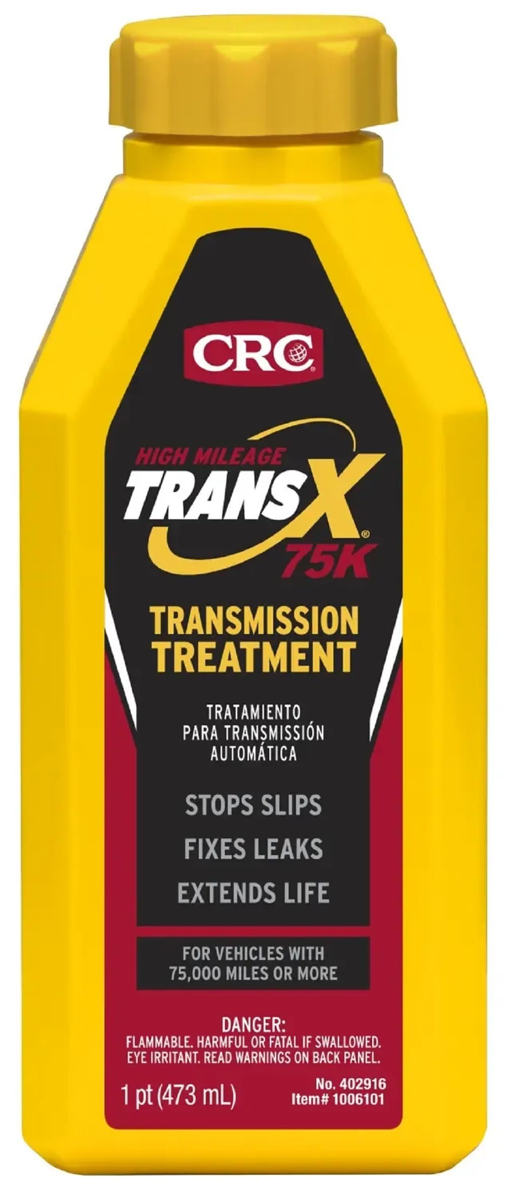 K & W CRC Trans-X bottle next to measuring cup illustrating the 16 fl oz size and dose