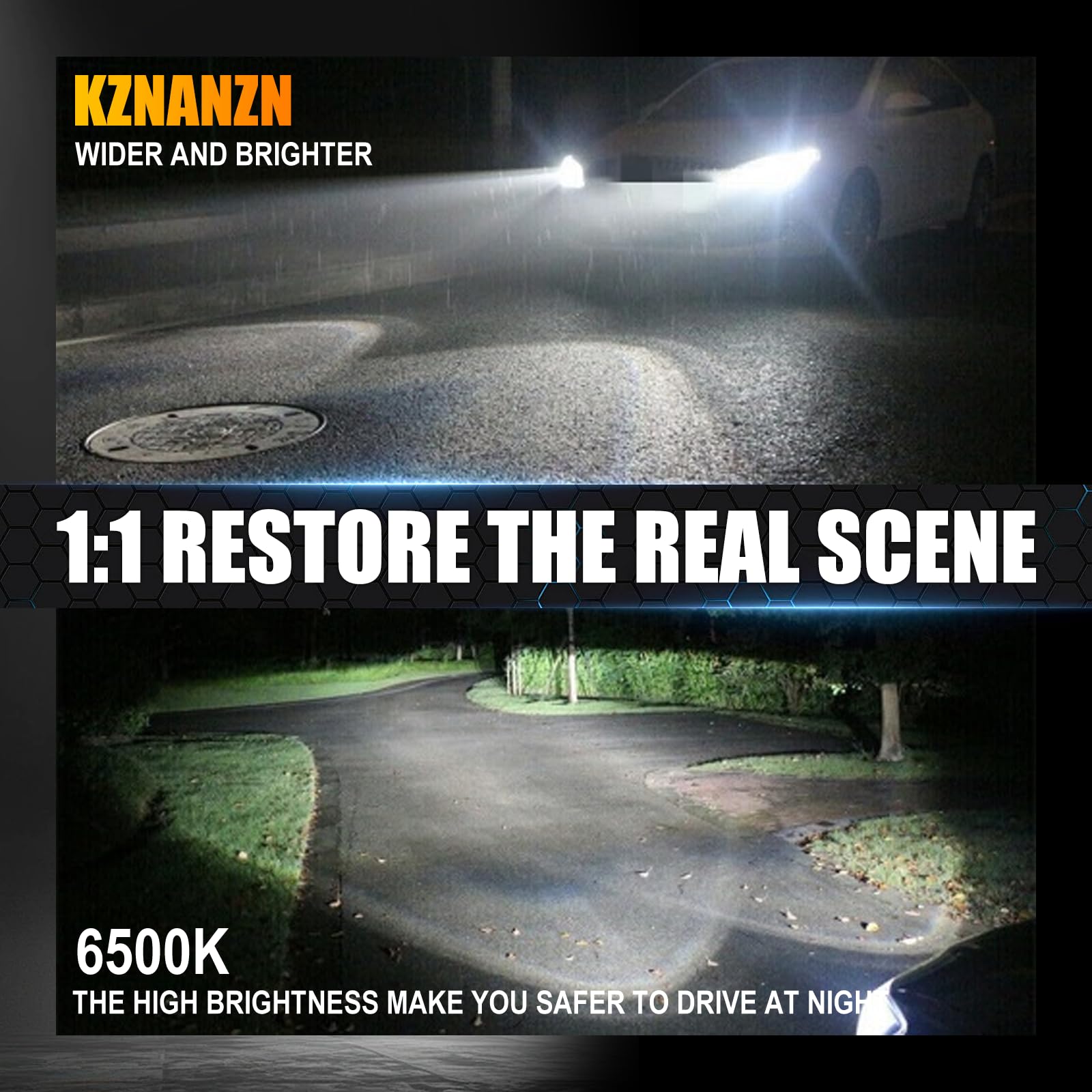 KZNANZN night drive lifestyle shot conveying safer, whiter illumination