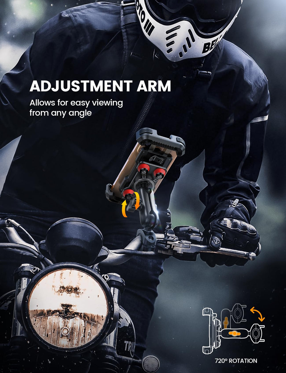 Lamicall metal 720° adjustment arm detail showing flexible positioning and locked angle stability