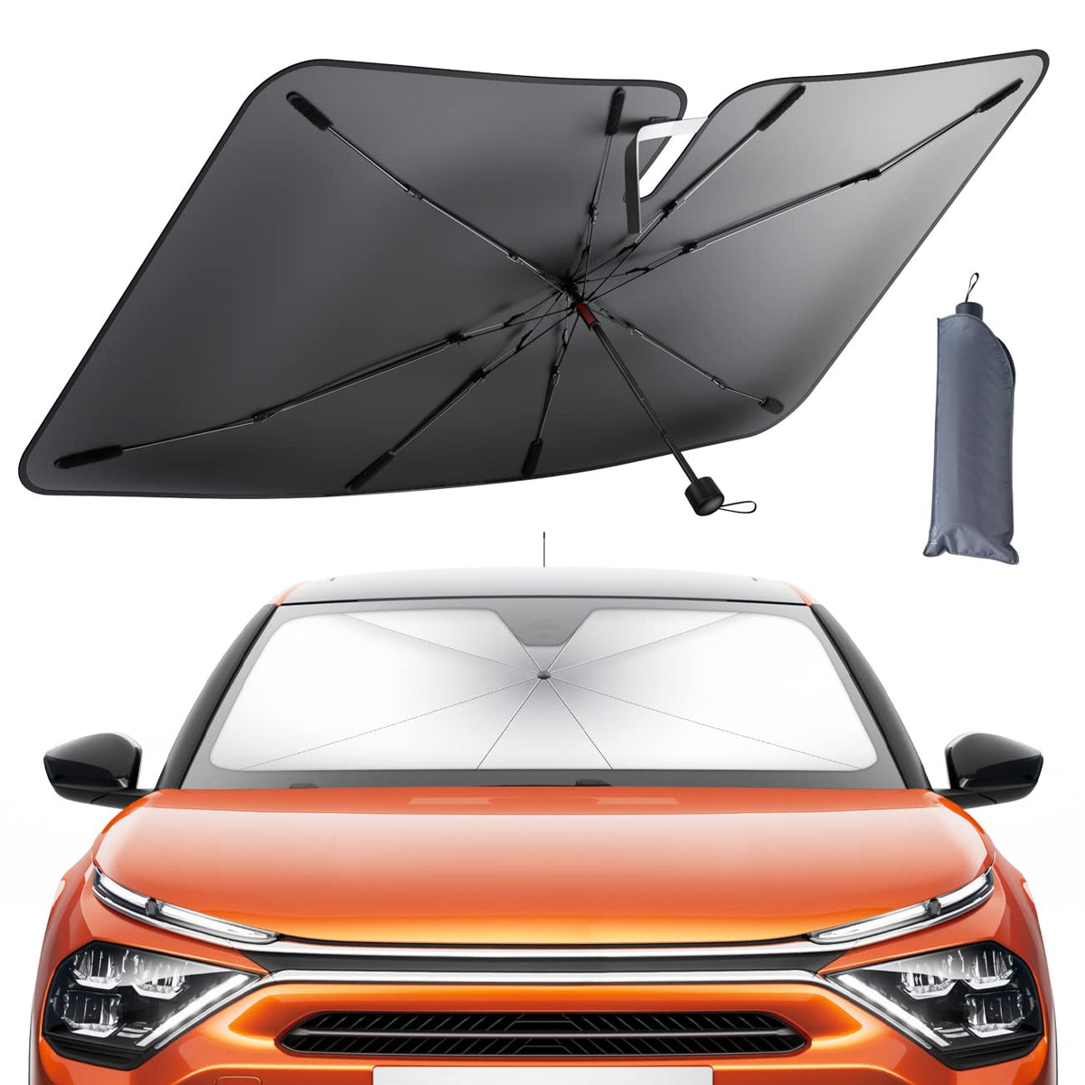 Lamicall front view of sunshade showing full windshield coverage and heat reduction