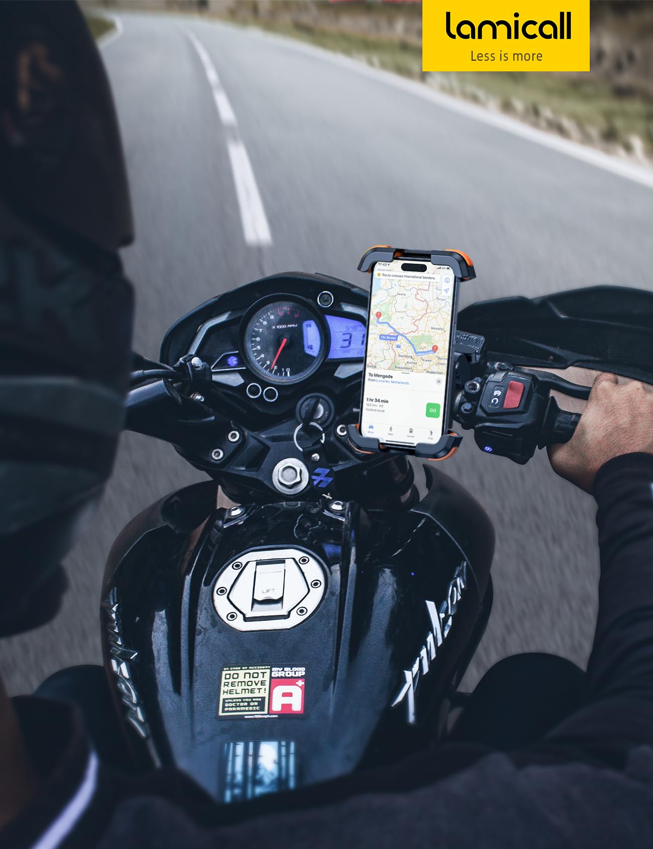 Lamicall mounted on motorcycle with rider using navigation safely