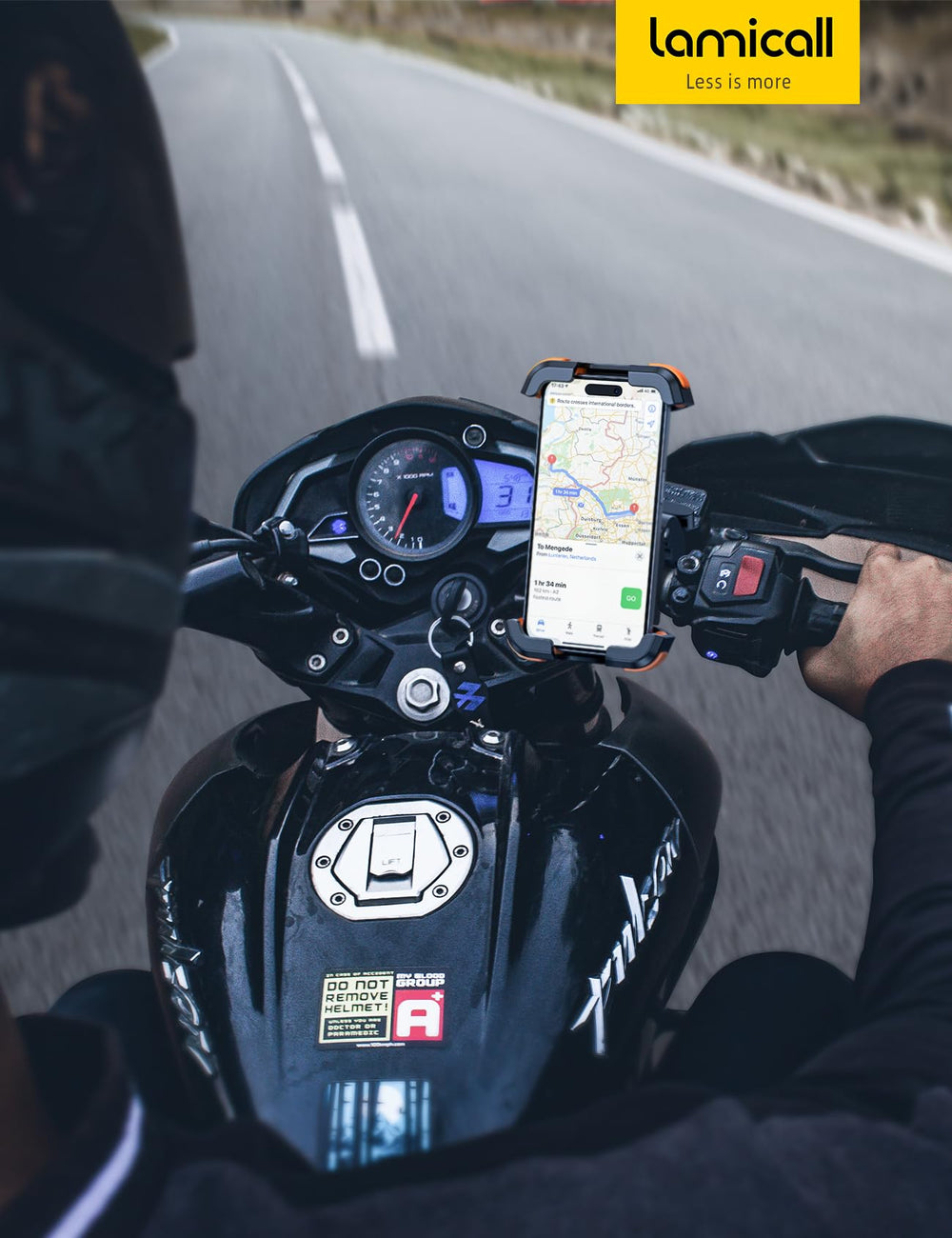 Lamicall mounted on motorcycle with rider using navigation safely