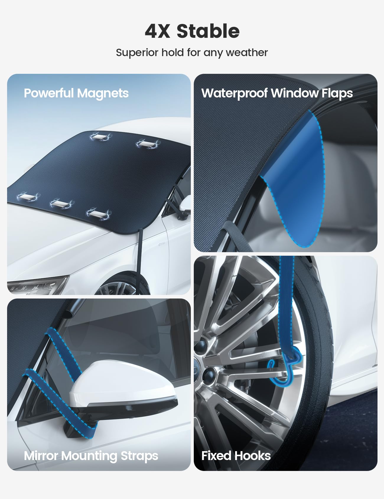 Lamicall cover mounted on windshield demonstrating instant snow removal