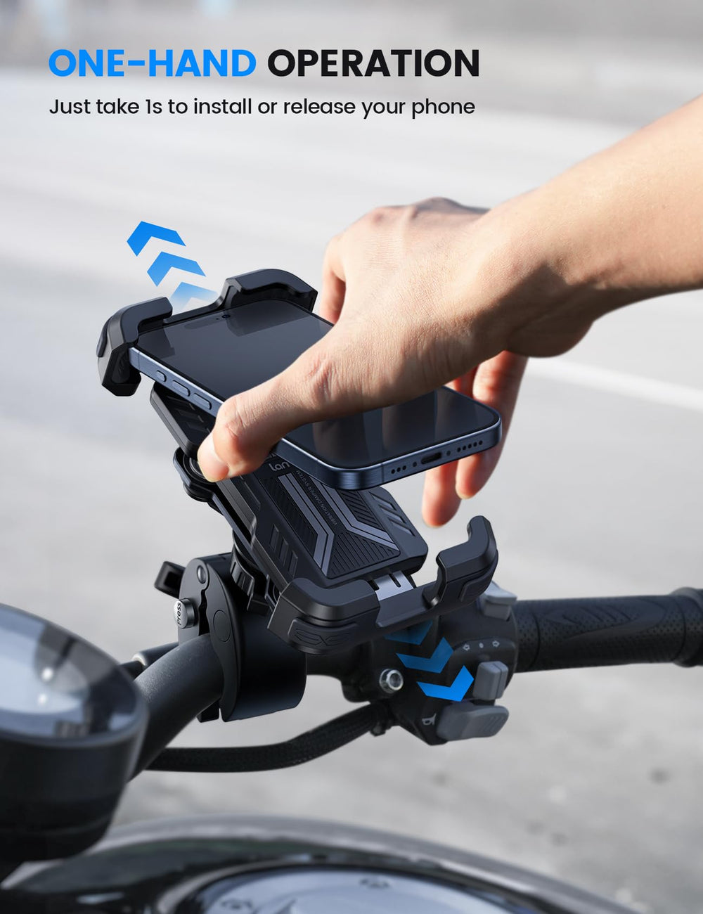 Lamicall phone in mount showing one-hand operation for quick access