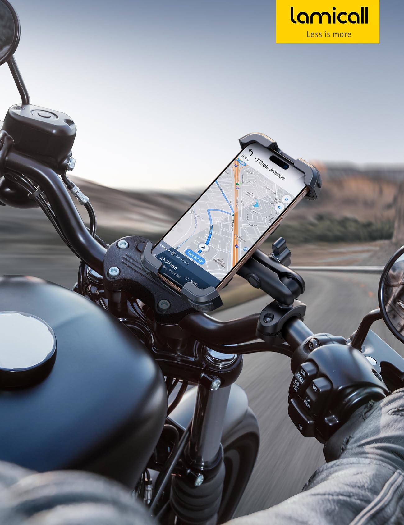 Lamicall scale size comparison showing phone, mount, and handlebar to confirm compatibility