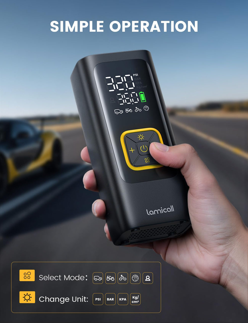 Lamicall compact inflator fitting in glove box to save trunk space and aid travel
