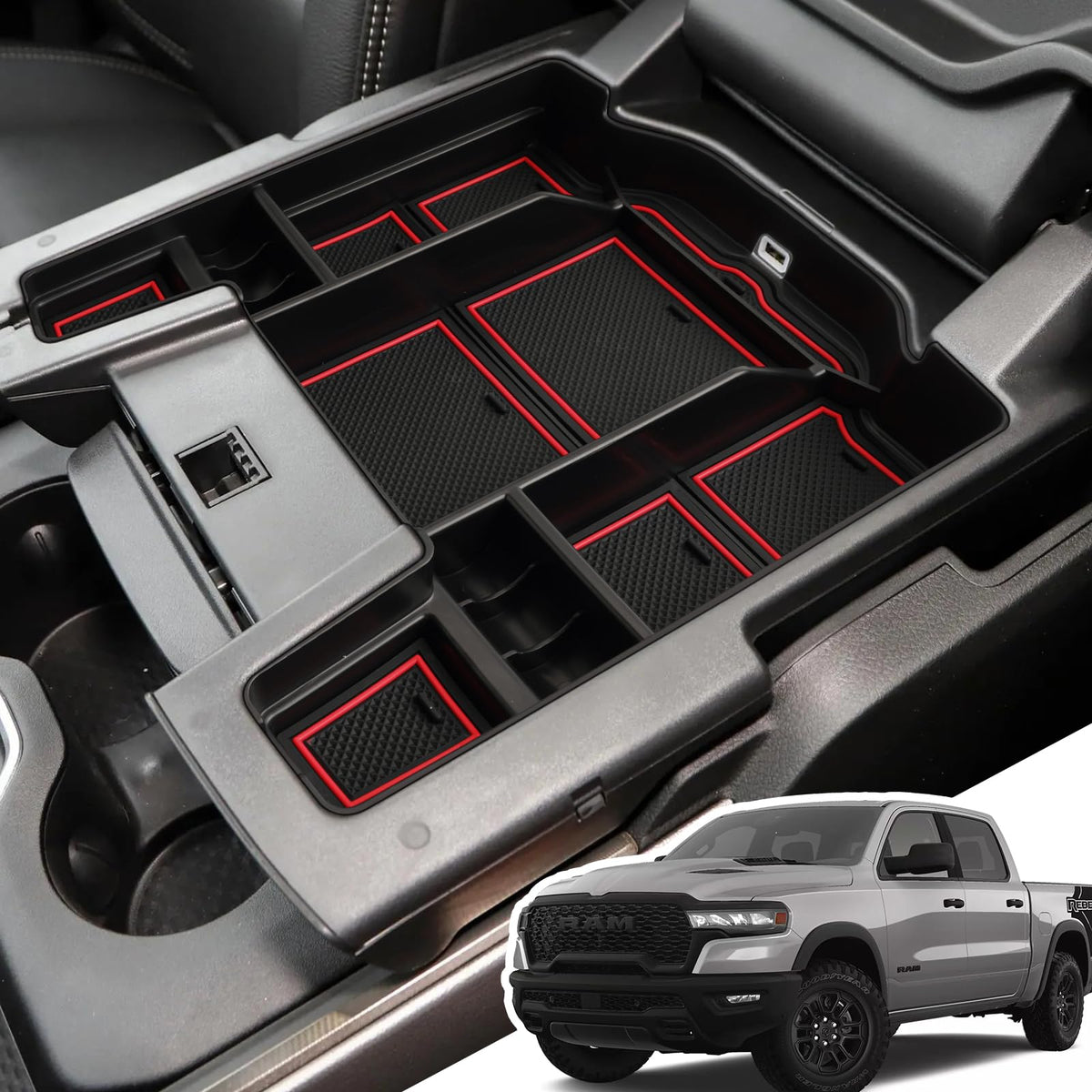 LANGBEAN front view of console organizer showing neat compartments and quick access benefit