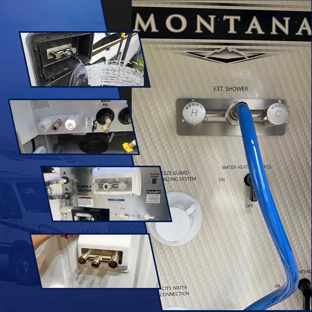 Langina outdoor shower setup with fitting in use for hands-free rinsing convenience