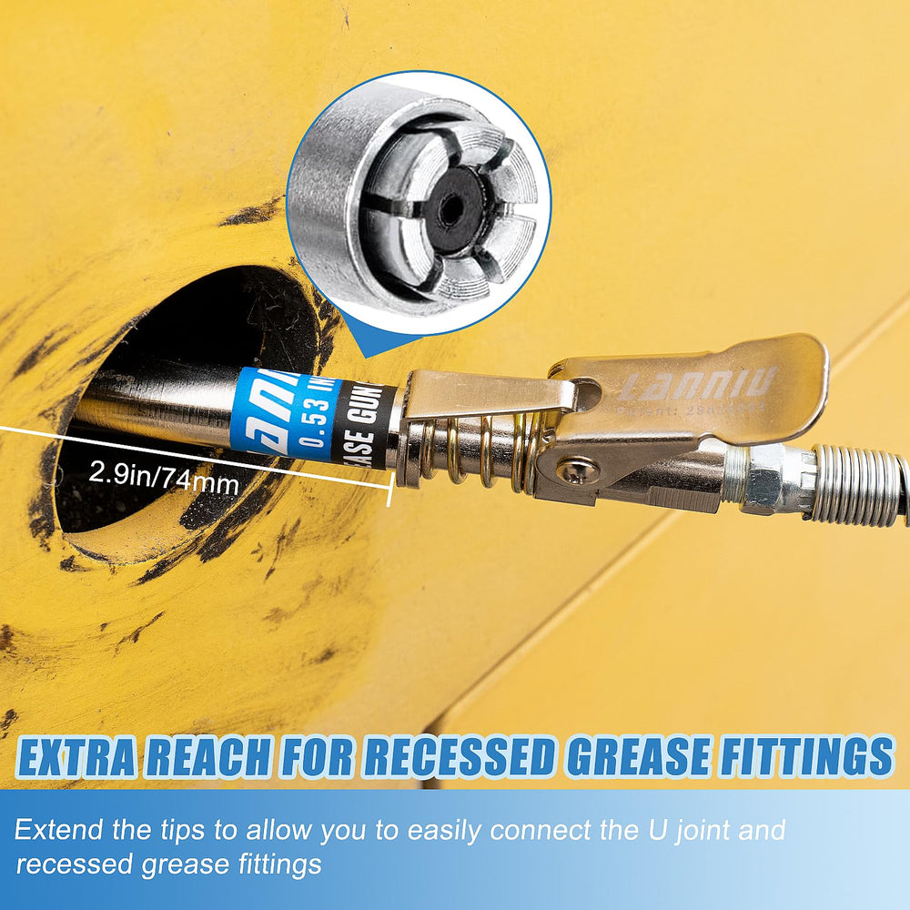 LANNIU coupler attached to standard grease gun demonstrating easy connectivity