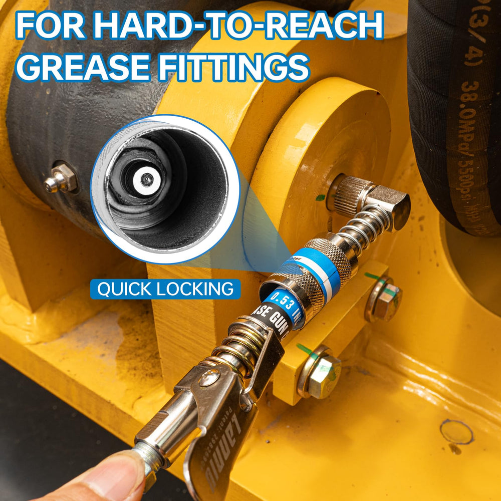 LANNIU grease gun side profile with scale showing compact, professional-ready size