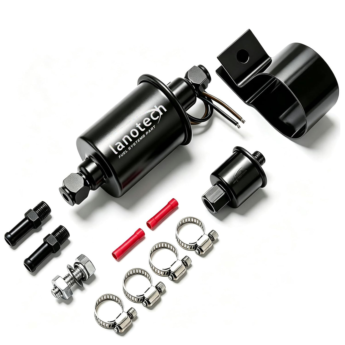 Lanotech front view metal fuel pump showing compact durable design and reliable output