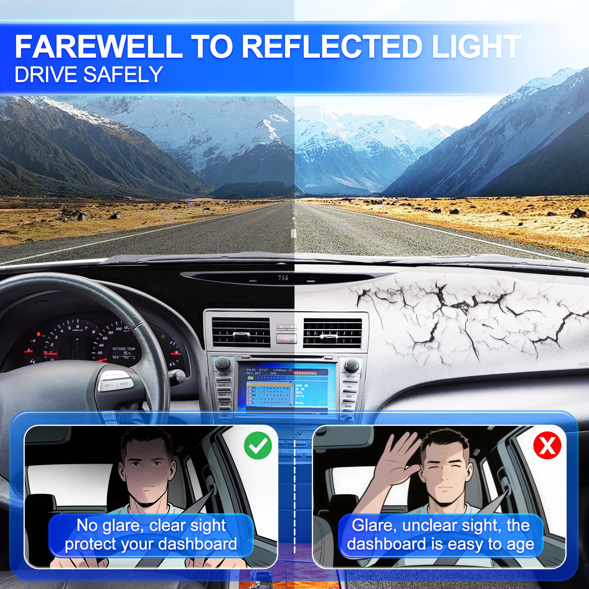 Lantiverse installed on Camry dashboard improving visibility and reducing glare