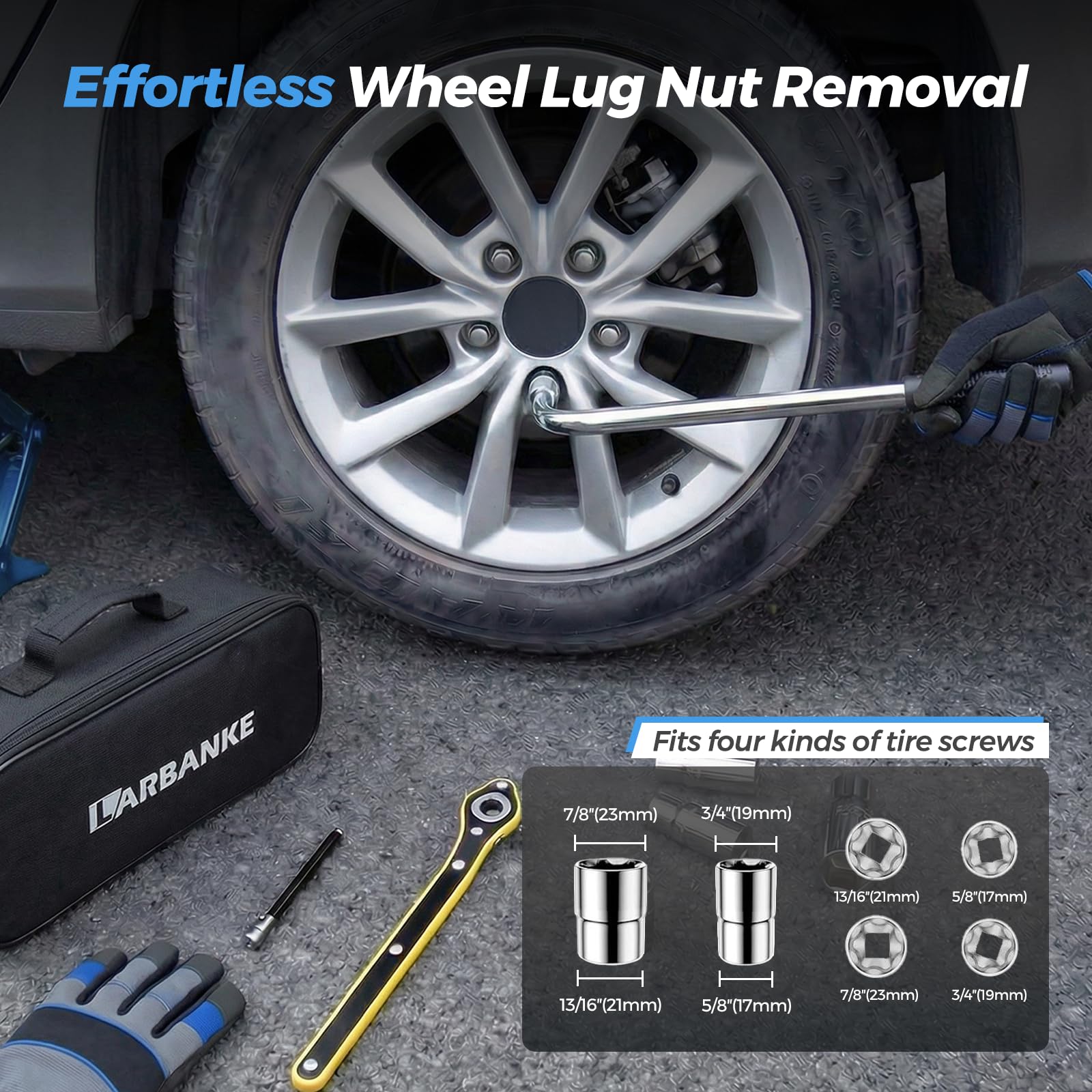 LARBANKE scissor jack lifting a Tesla rear wheel demonstrating compatibility