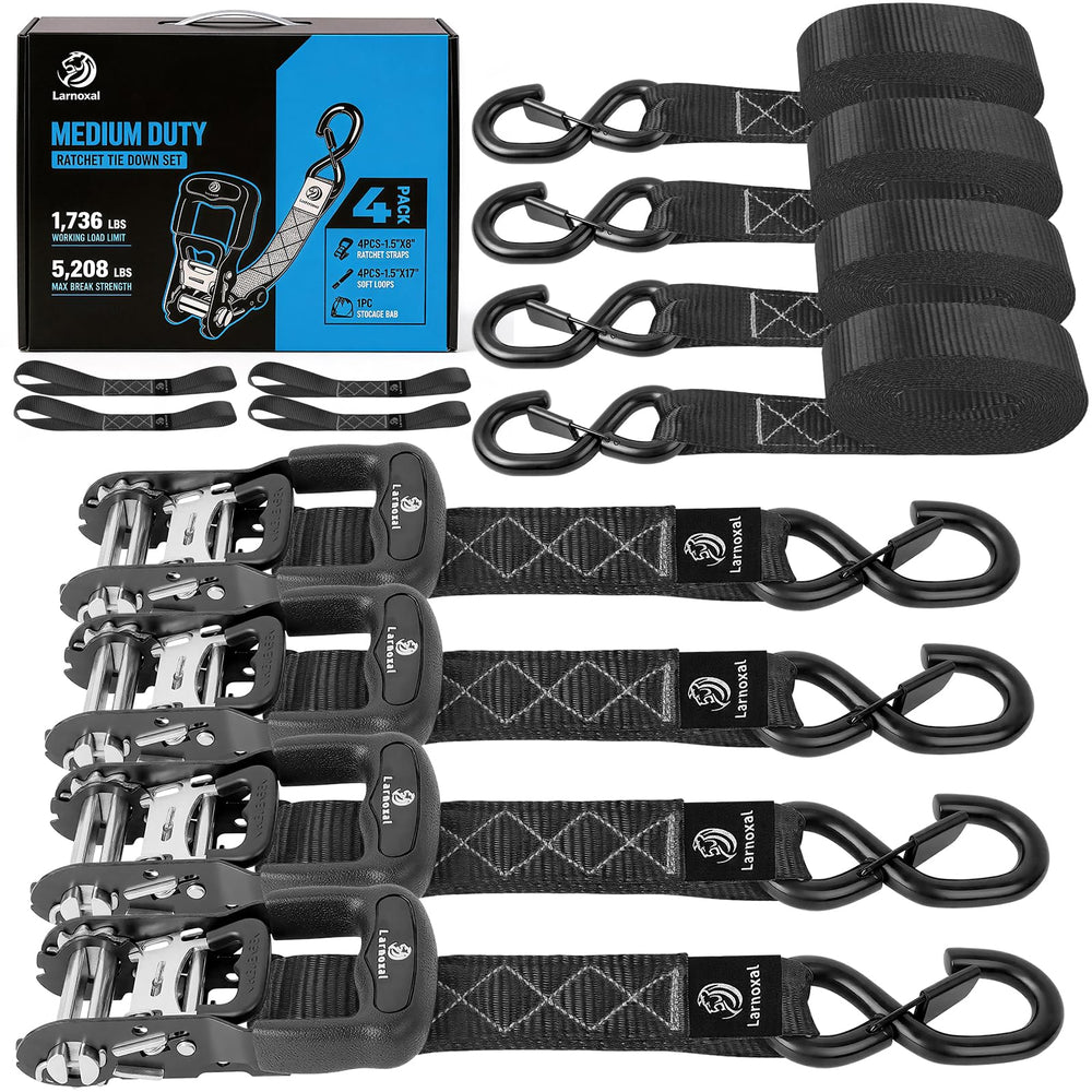 Larnoxal front view of 4-pack ratchet straps showing packaging and contents for convenience