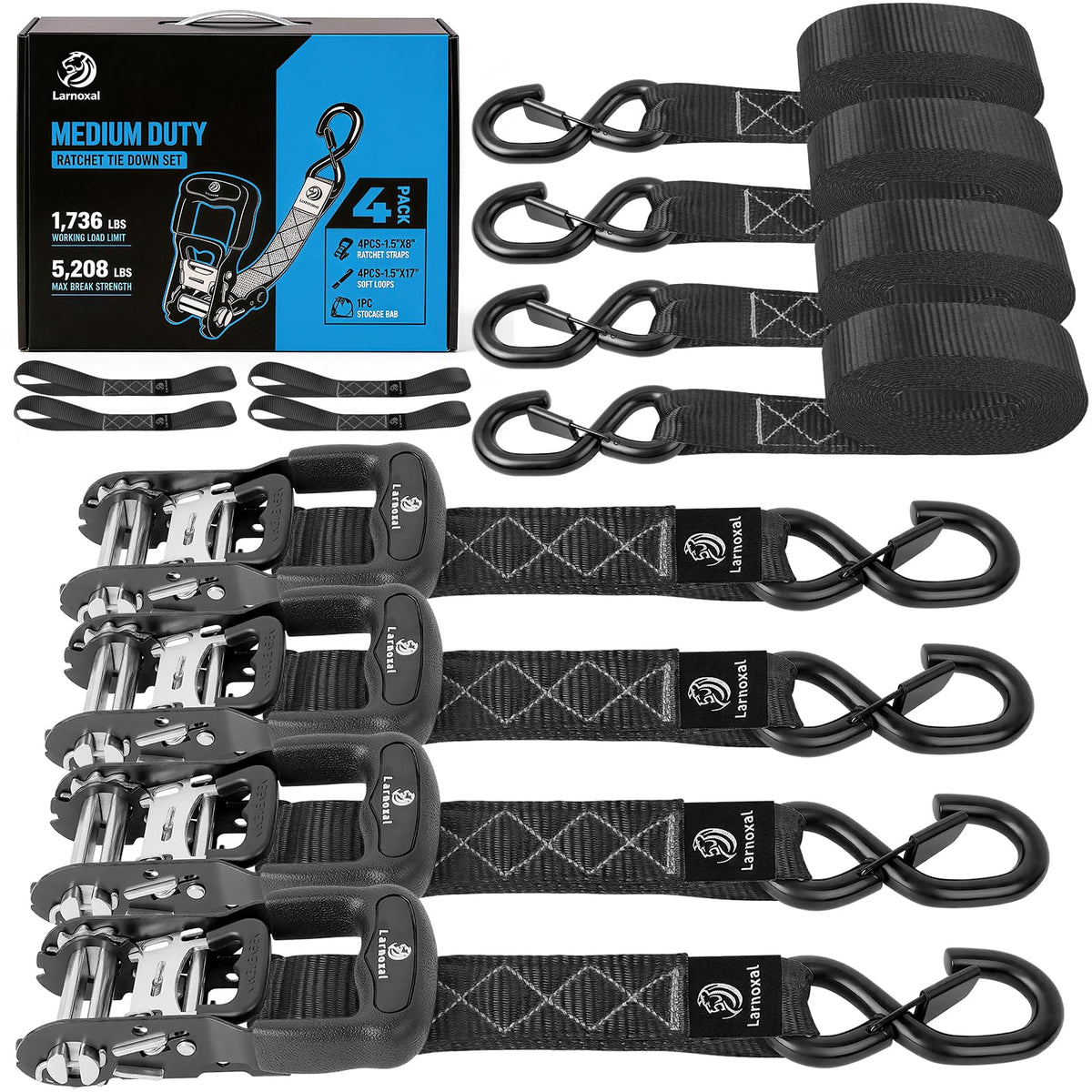 Larnoxal front view of 4-pack ratchet straps showing packaging and contents for convenience