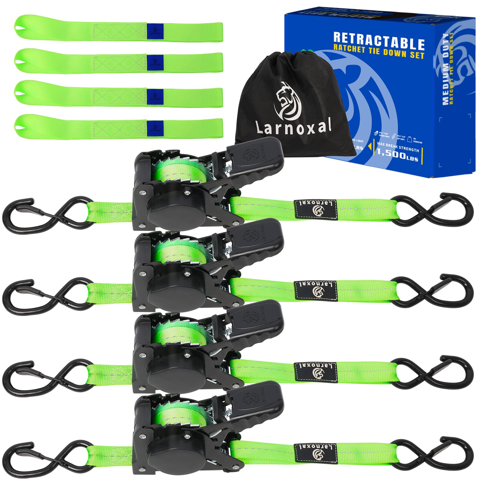 Larnoxal front pack showing four green retractable ratchet straps for neat storage