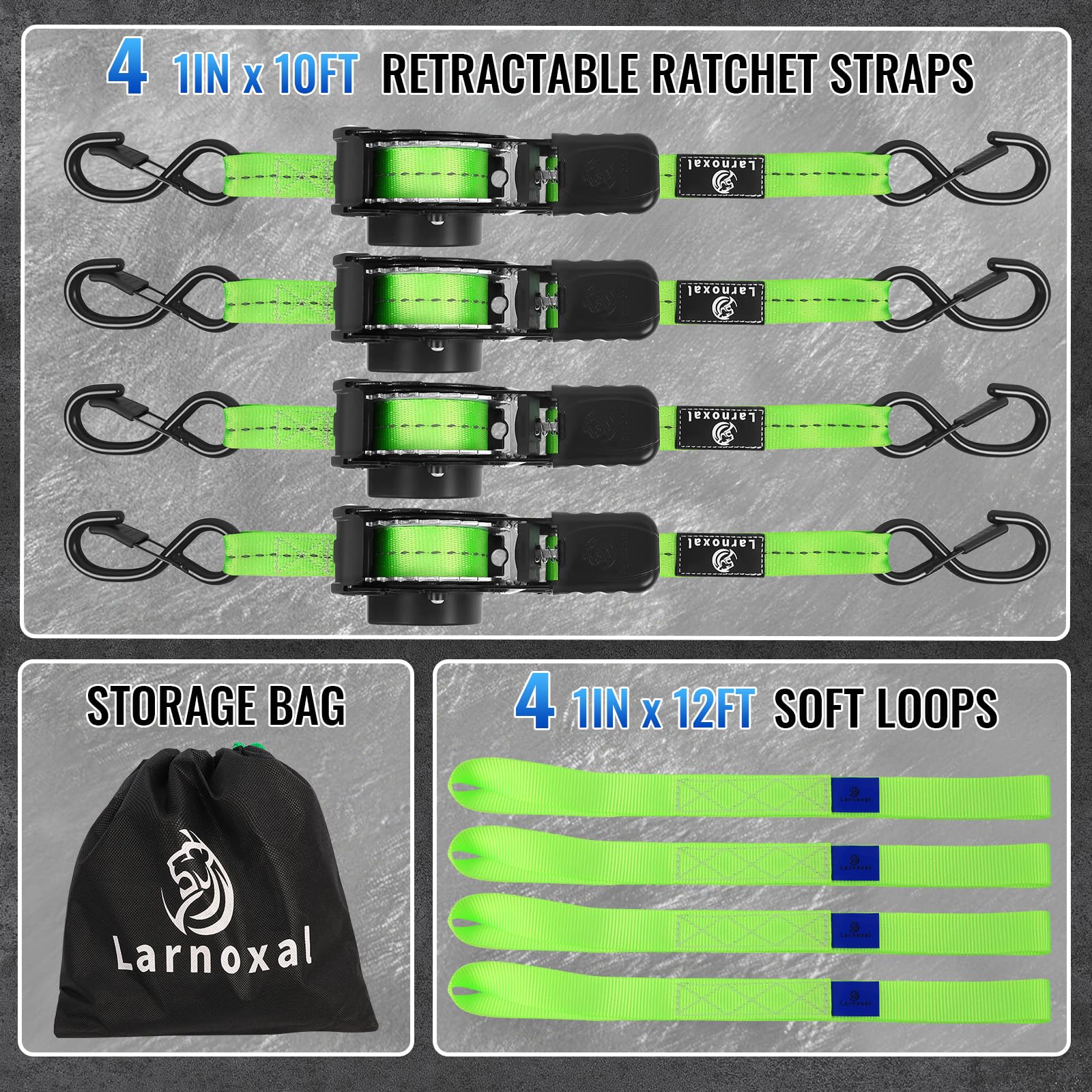 Larnoxal straps next to tape measure showing 1 inch by 10 foot scale