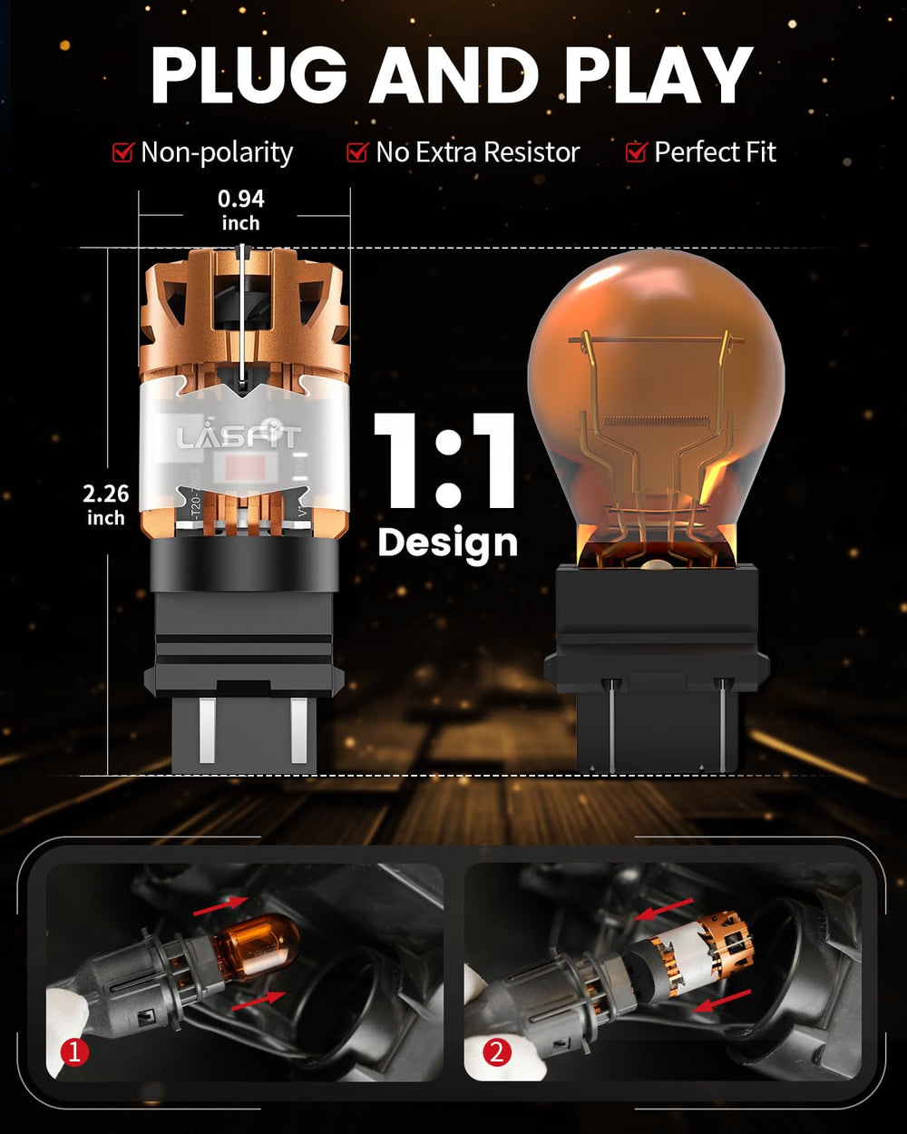 LASFIT bulb beside ruler showing compact size for accurate fitment