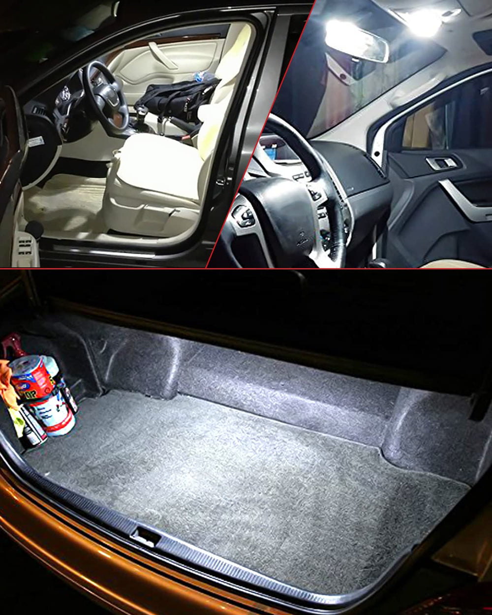 LASFIT bulbs lighting a vanity mirror and trunk area improving visibility and convenience