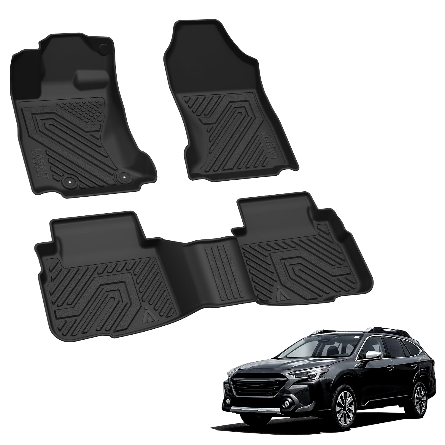 LASFIT mats inside Subaru on a roadtrip scene protecting flooring outdoors