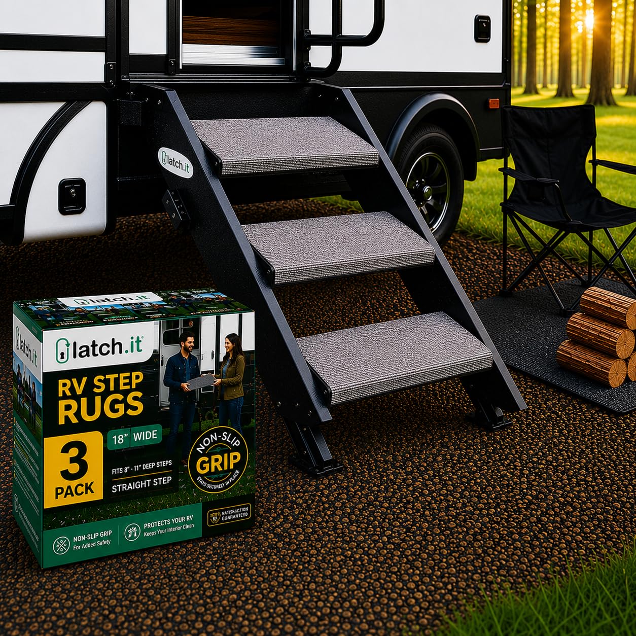LATCH.IT front packaging showing three gray RV step covers and included hardware, durable protection