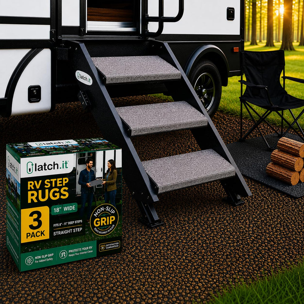 LATCH.IT front packaging showing three gray RV step covers and included hardware, durable protection