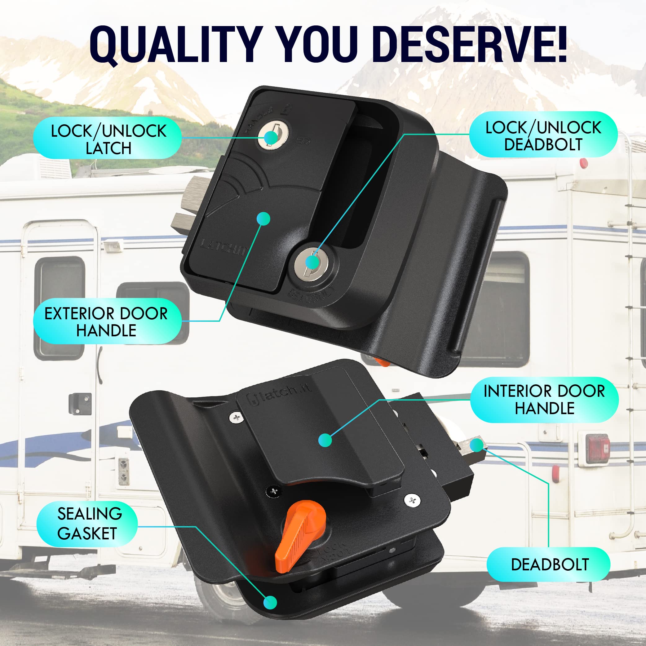 latch.it installed on camper door demonstrating secure operation and weather resistance