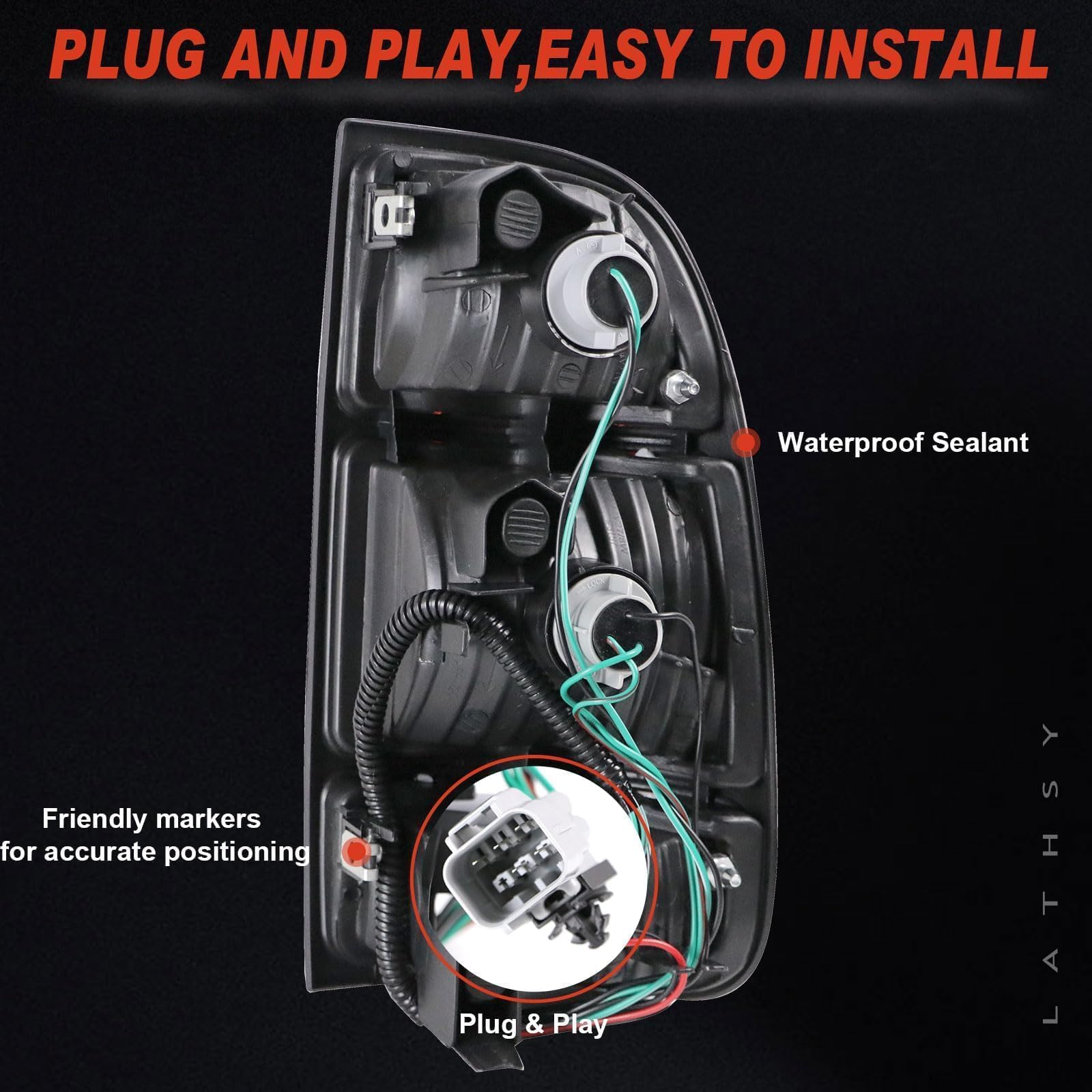 Lathsy tail light rear housing with plug showing direct plug-and-play benefit